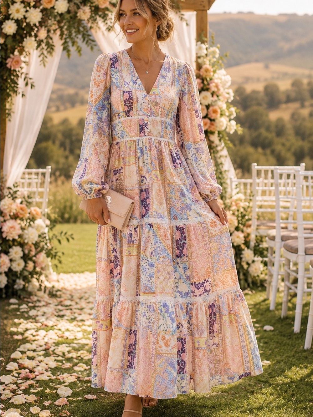 NWT Petal & Pup Ariella Maxi Dress Medium Patchwork Boho Cottagecore Floral - Picture 1 of 7